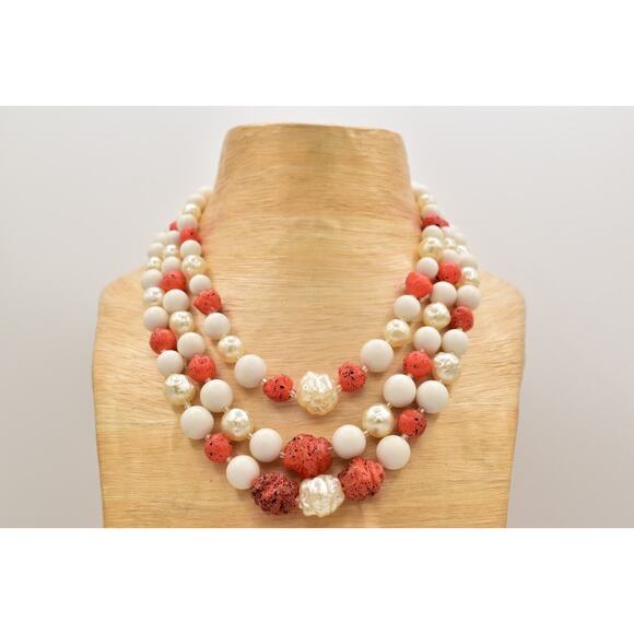 Japan Vintage Beaded Necklace Orange White Pearl Layered Chunky Signed 60s Bin7B - Picture 8 of 12